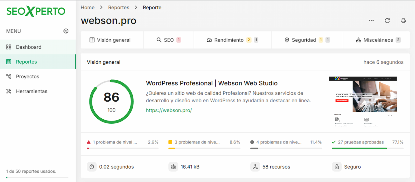 Vista previa de la interfaz del reporte SEO de SeoXperto